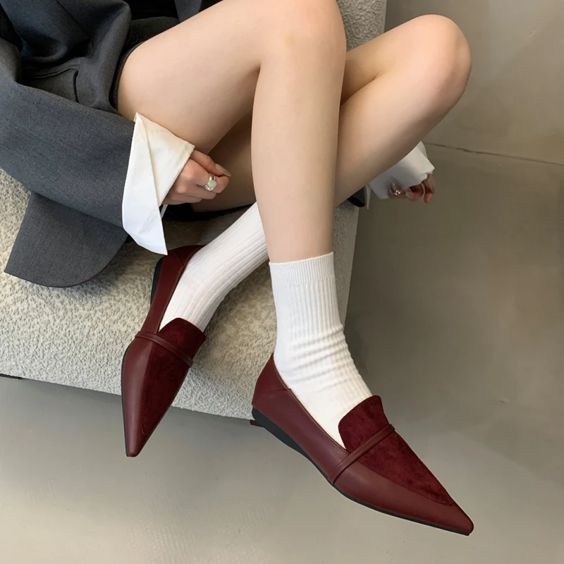 

Burgundy Heel Flat Pumps Women Pointed Toe Shoes Comforts Black Ladies Office Dress Shoes Flats De Mujer