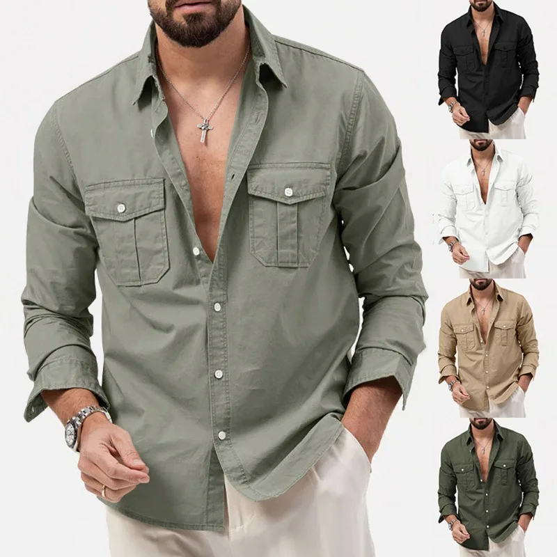 

Men's Shirt Solid Color Casual Long Sleeve Multi-pocket Button Lapel Shirt Business Commuter Shirt Street Everyday Men's Wear
