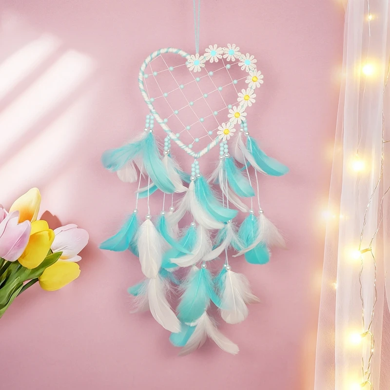Heart  Pink Feathers Dream Catcher With Flowers Wind Chimes Door Pendants Home Decorations Bedroom Decor For Girls Holiday Gift
