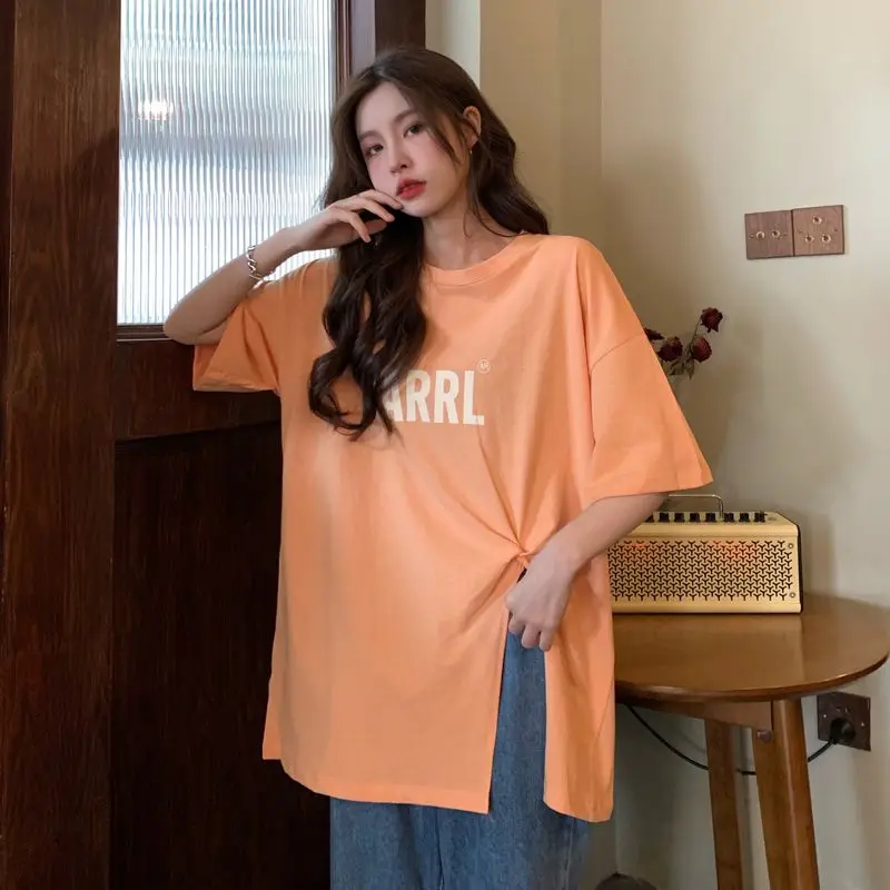 Letter Printed Split T-Shirts Women Summer New Loose O-neck Niche Mid-Length Half Sleeve Tops Casual Versatile Basic Tees Female