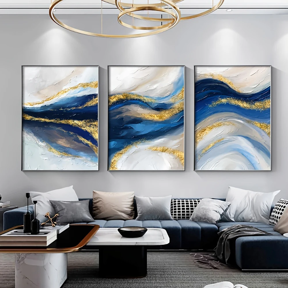 3-teiliges Set rahmenlose goldblaue abstrakte Ozean-Leinwandbilder, moderne Kunstwerke, luxuriöses Poster und Druck, Wandkunstbild