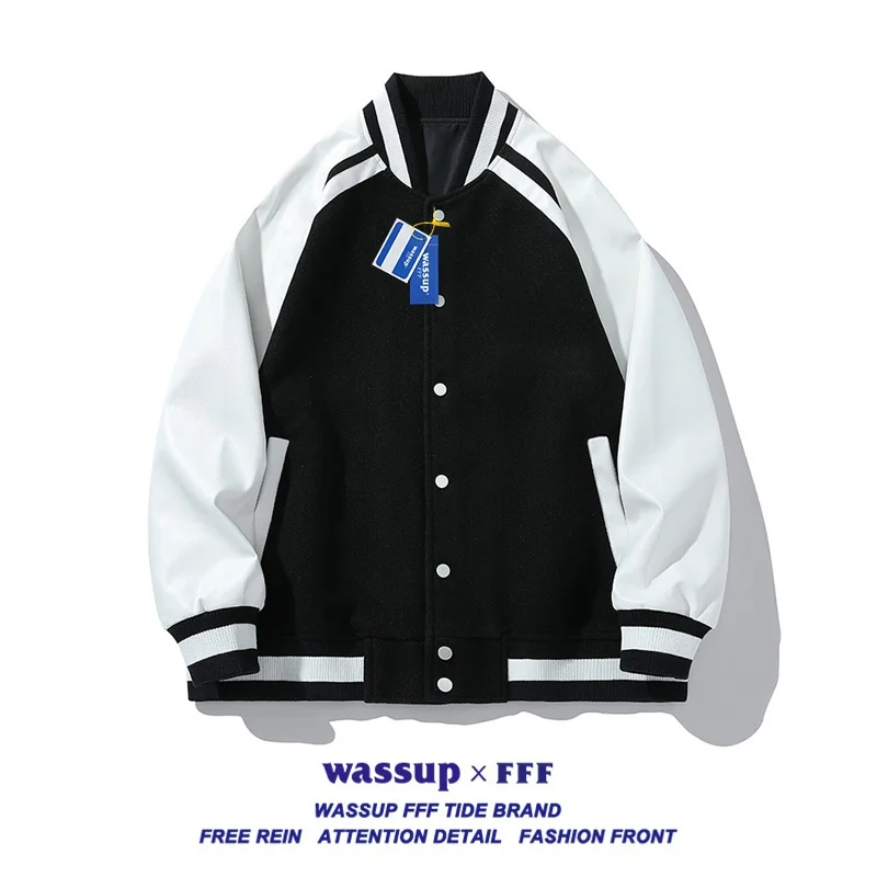 

Wassup Fff Vintage American Sle Bla Бейсбольная куртка для мужчин Весенне-осенняя верхняя одежда Молодежная мода из полиэстера Long Sve