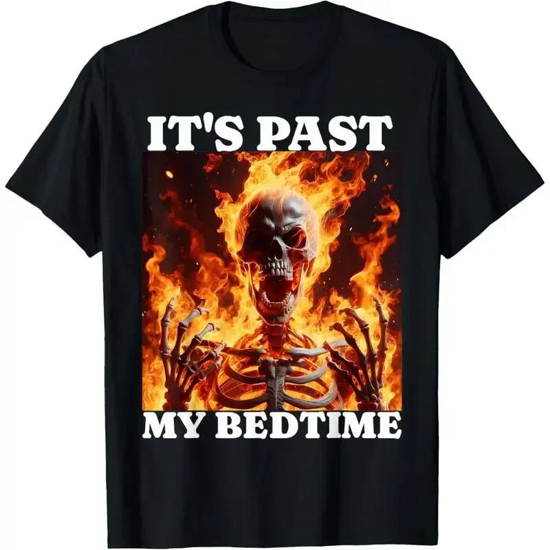 It's Past My Bedtime Skeleton Graphic T-Shirt, Funny Flaming Skull Meme Tee