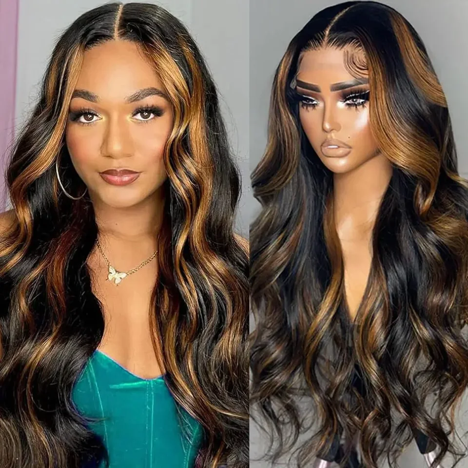 

Highlight 1B_30 Body Wave Lace Frontal Wig 100_ Human Hair Wear and Go Wig PrePlucked 200% Density Ombre Lace Frontal Wigs