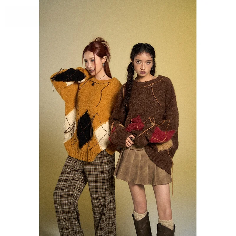 

BeerBro Women's Loose Diamond Pattern Knitwear Autumn Winter Street Sle Long Sve Casual Fit Sweater Versatile All Seasons