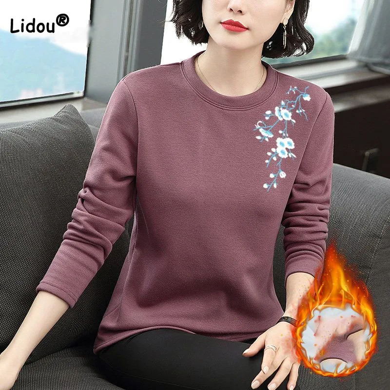 

Fashion Simplicity Printed Thickening Tops Women's Clothing Autumn Winter New Commute Round Neck Long Sleeve Bottoming T-shirt