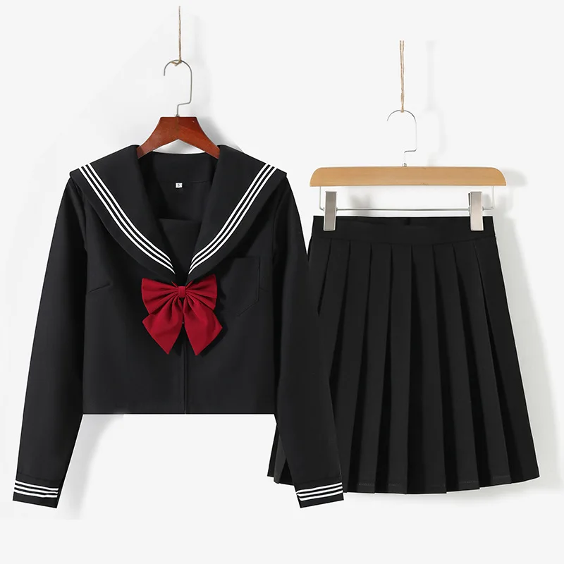 SCHWARZ Orthodoxen College Stil Japanischen Student Schuluniform Mädchen Sailor Outfit Koreanische Jk Uniform Cosplay Seifuku Plissee Rock