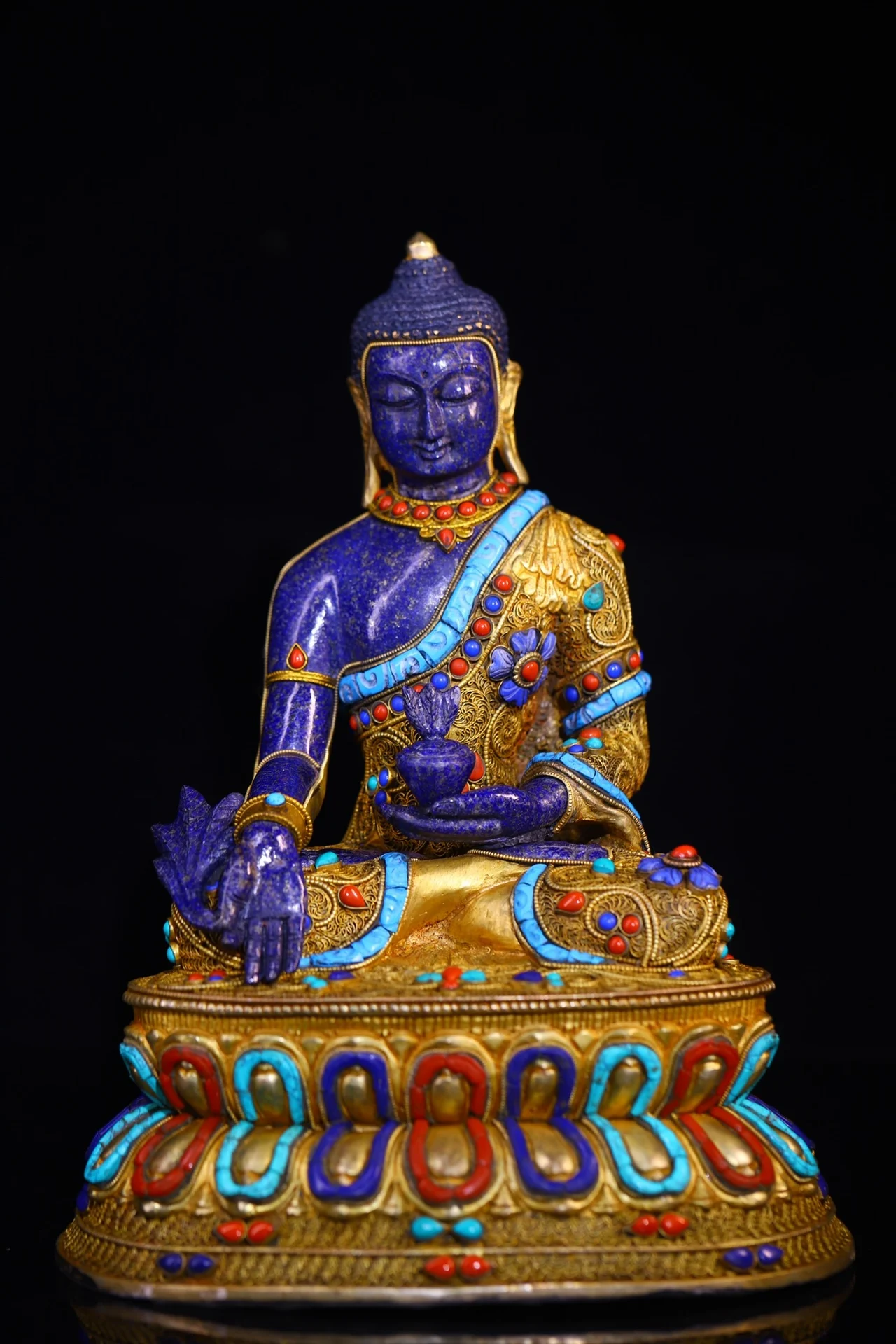 12Nepalese folk Old Natural lapis lazuli Mosaic Gem Turquoise Medicine Buddha Double Lotus Platform Worship Hall