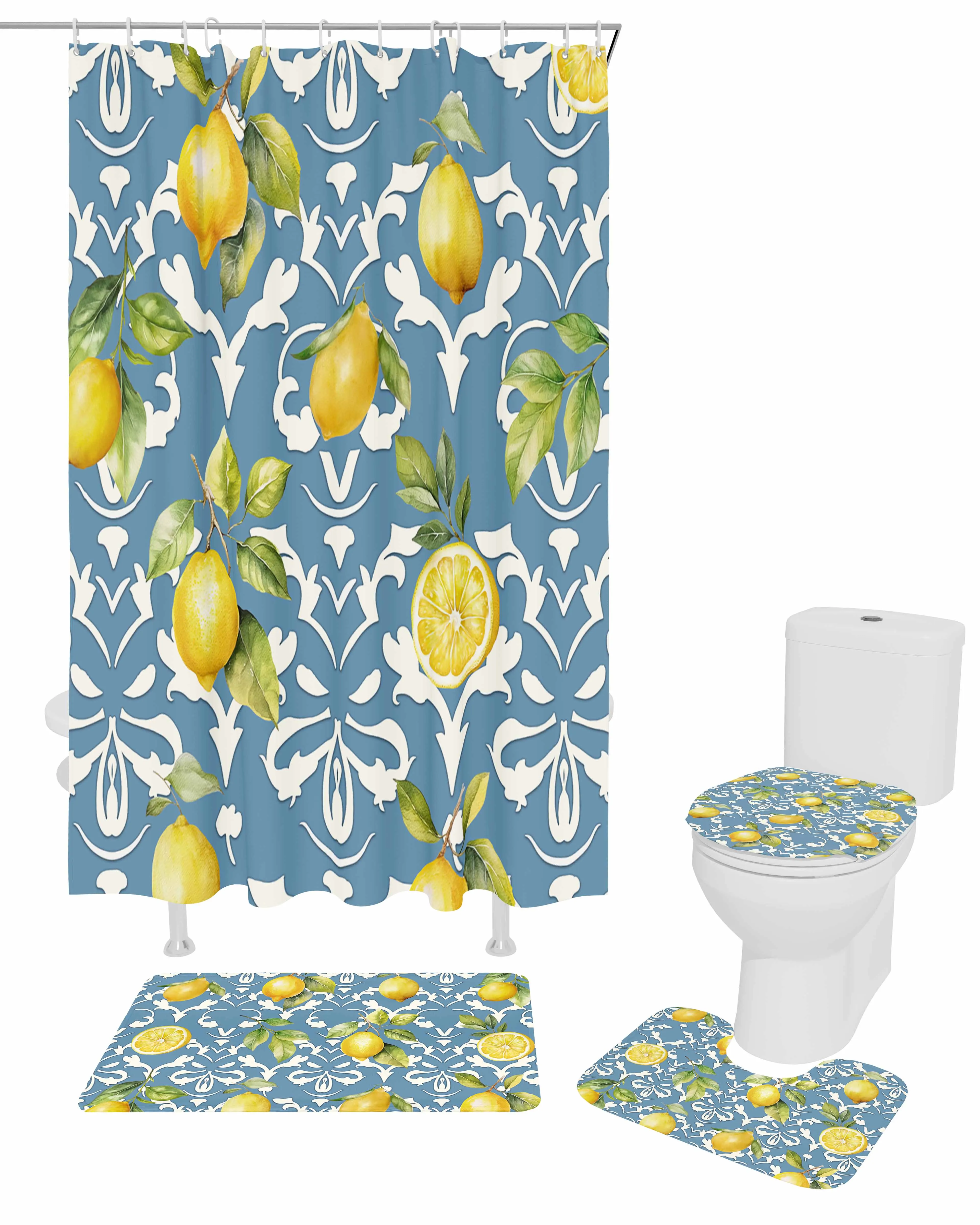 Lemon Leaves Pattern Shower Curtain Set Non-Slip Rugs Bath Mat Toilet Lid Cover Waterproof Bathroom Curtain