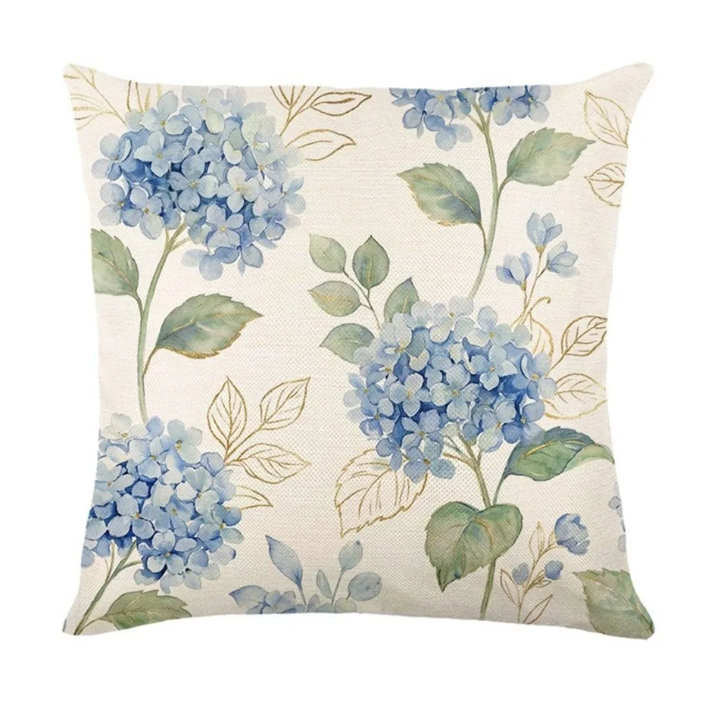 Skin-Friendly Hydrangea Cushion Cover Flower Printed Linen Floral Pillow Cover Soft with Zipper Pillowcase Living Room