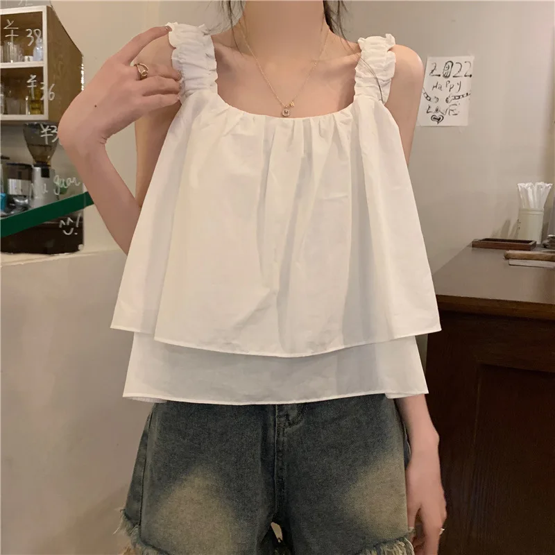 Chic Women Tank Top Summer Clothes 2024 New Korean Popular Style Female Casual Sleeveless Layered White Khaki Tops Vest