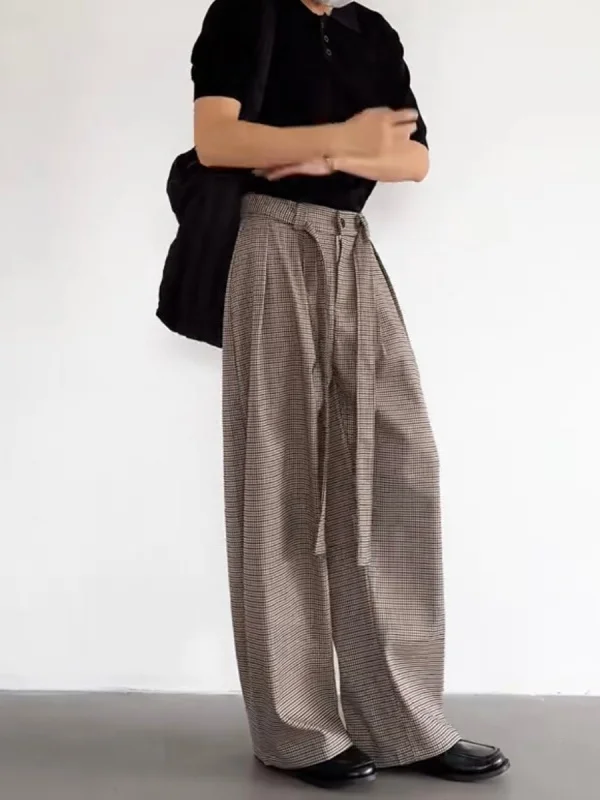 

TANGZ Studio American Streetwear Vintage Plaid Belt Design Versatile Casual Pants Loose Wide Leg Pants for Men