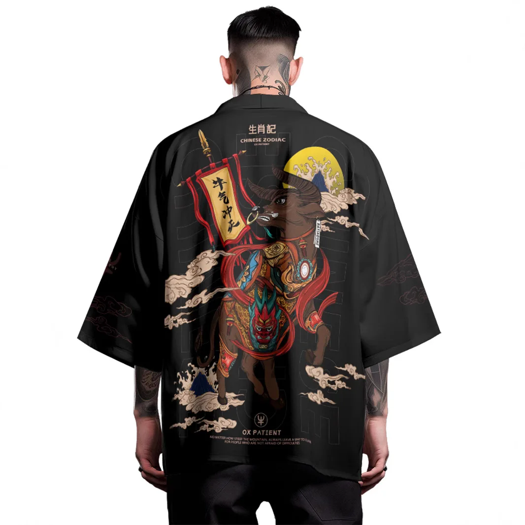 سترة كيمونو نسائية هاوري مطبوعة على شكل بقرة كرتونية ملابس شارع يابانية ملابس الساموراي للرجال يوكاتا هاراكوجو ملابس آسيوية #1