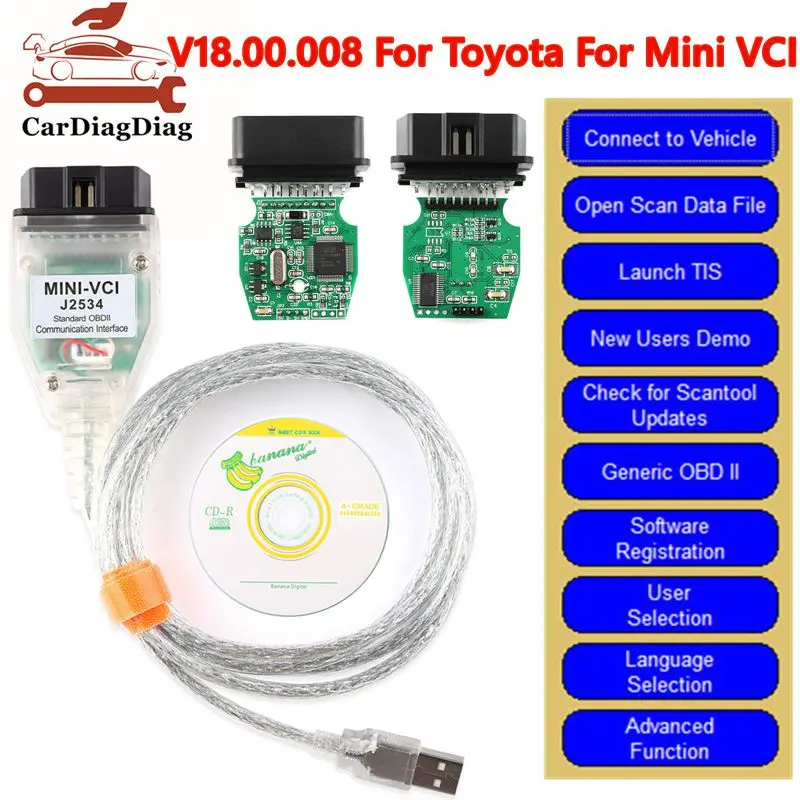 新型v1800008。トヨタ車およびミニ車用。vci-tis-techstream-obd2車載診断ケーブル。ftdi-ft232rlフルチップ搭載。多言語対応。