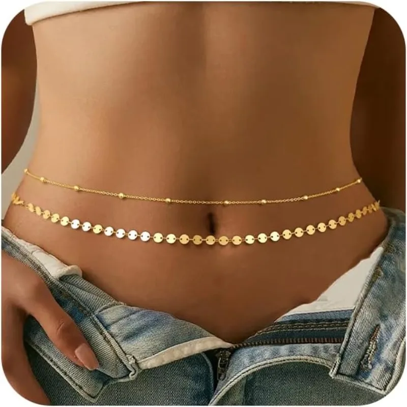 Cadena de cintura de oro, cadena de vientre chapada en oro de 14 quilates, cadena de cuerpo impermeable ajustable, cuentas de cintura de bikini sexy para mujer, cuentas de satélite