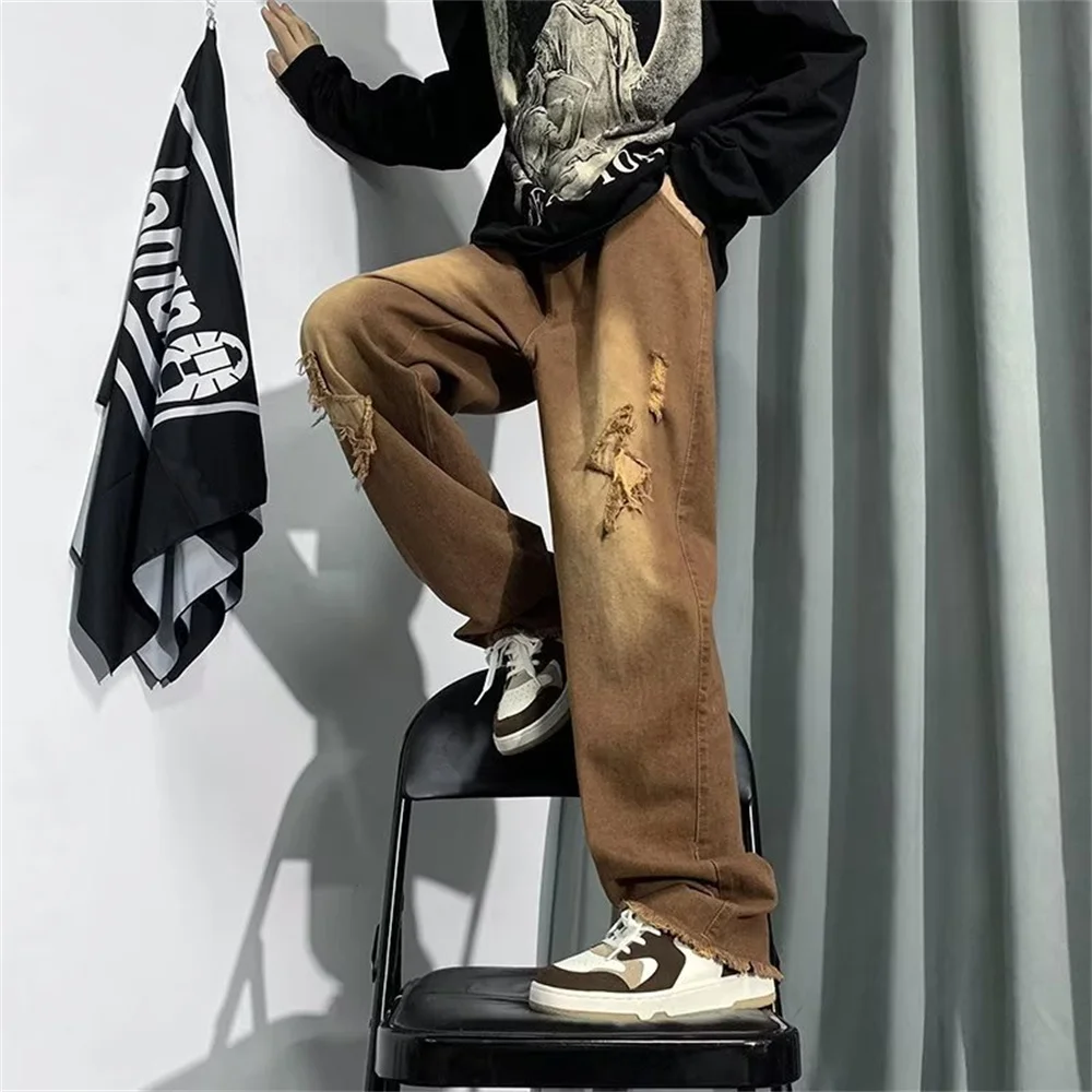 Vibe-Pantalones vaqueros anchos para Hombre, Jeans con cinturón, con cremallera, color marrón, ropa recta de Hip Hop, Y2K, 2022