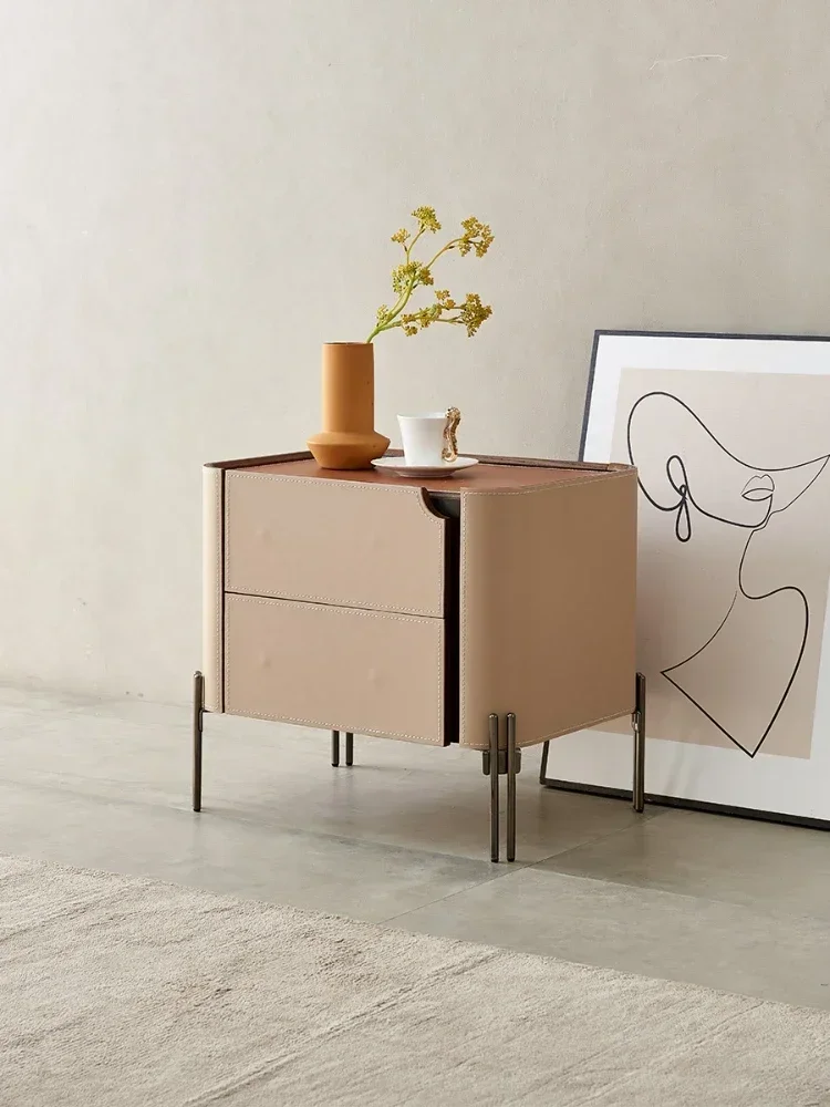 Luz minimalista luxo sela mesa de cabeceira de couro pequeno apartamento armário de armazenamento