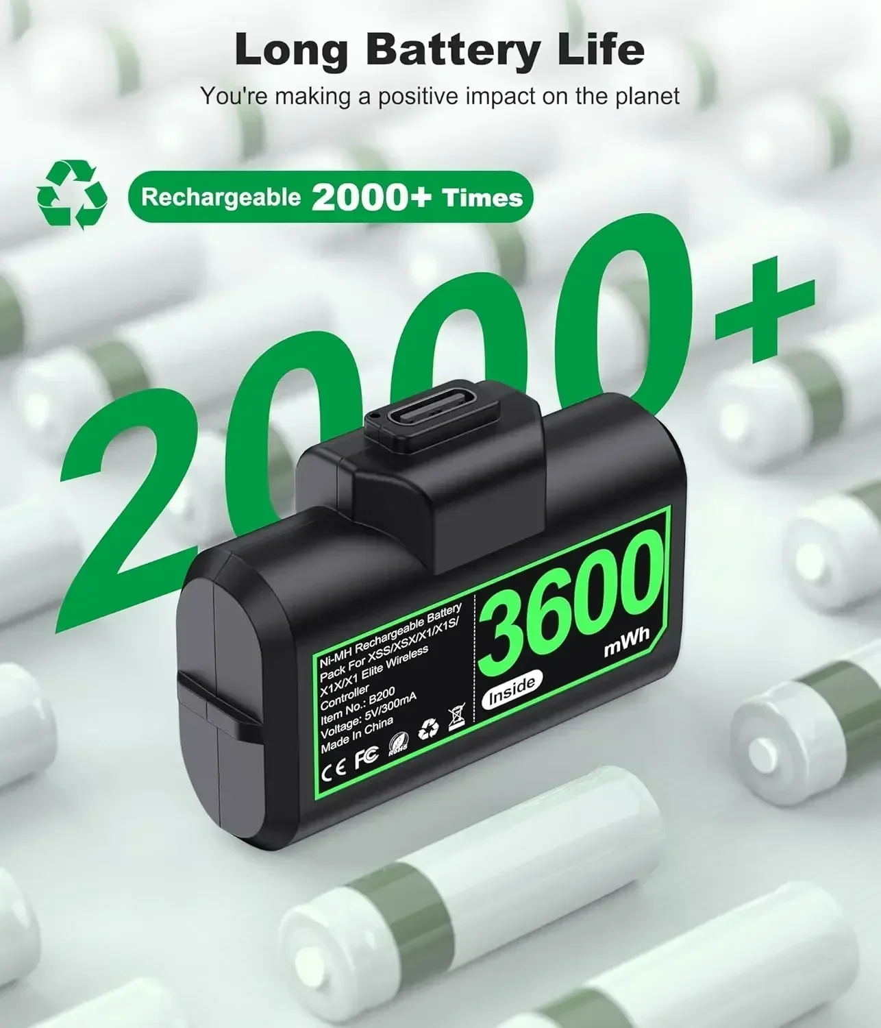 B200 2 × 3600mWh لأجهزة Xbox One/Series X/S مجموعة شحن PackPlay القابلة لإعادة الشحن مع أغطية بطارية Xbox وكابل شحن #4