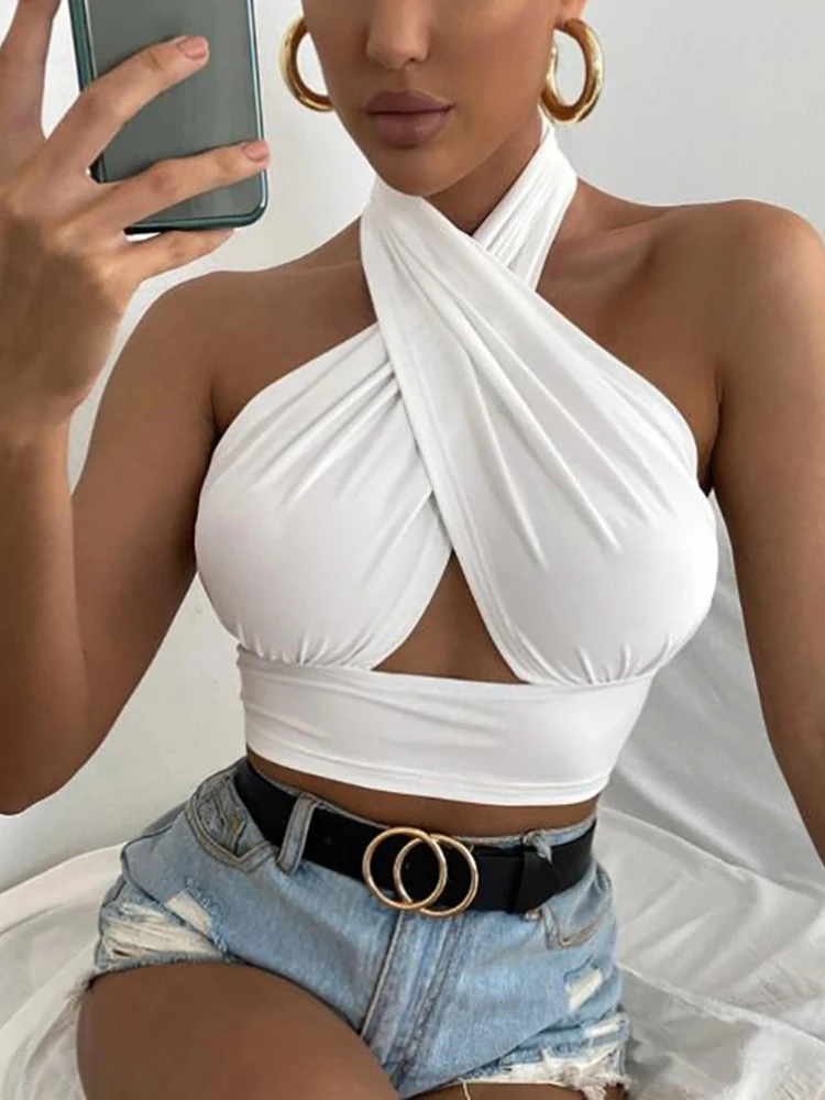 Phụ Nữ Mùa Hè Xe Tăng Cao Cấp Gợi Cảm Màu Chéo Cột Dây Cổ Đẩy Lên Rỗng Crop Top 2022 Thời Trang Mới