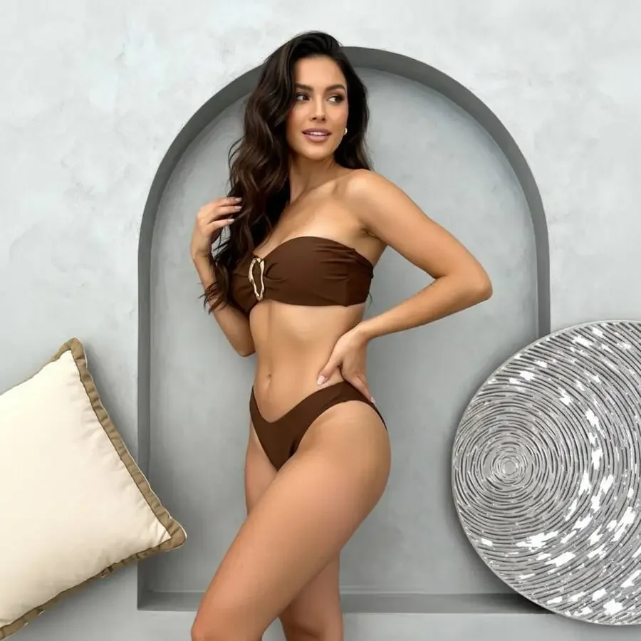 Strapless Brown Bikini Set With Metal Accent Solid Two Piece Beach Swimwear