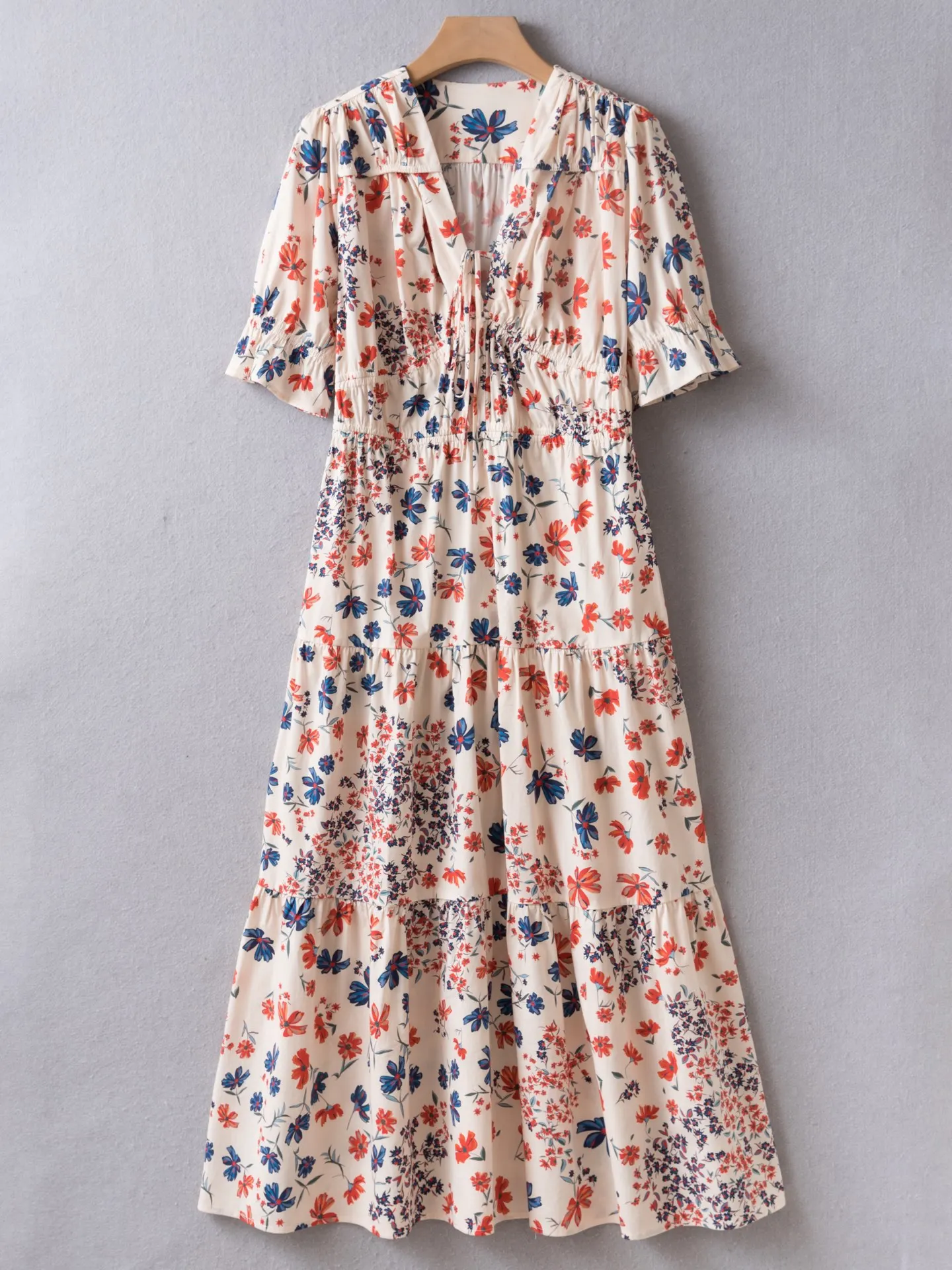 Summer Collection | Beige Print CottonTea Dress | V-Neck Puff Sleeve Elastic Waist Dress | UK6-UK16