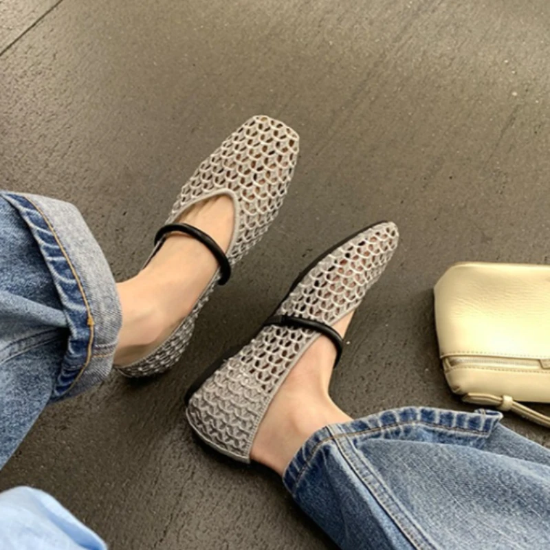 2026 Summer Womens Hollow-out Woven Fishnet Flat Sandals Comfortable Slip-on Lightweight Sandals New Fashionable Mary Jane Shoes