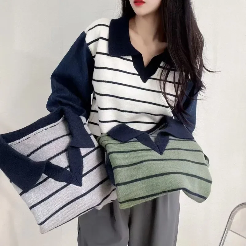 

Women Preppy Style Denim Sleeve Patchworks Pullover Turn-collar Striped Sweater Knit Shirts Autumn Winter Loose Casual Jumpers