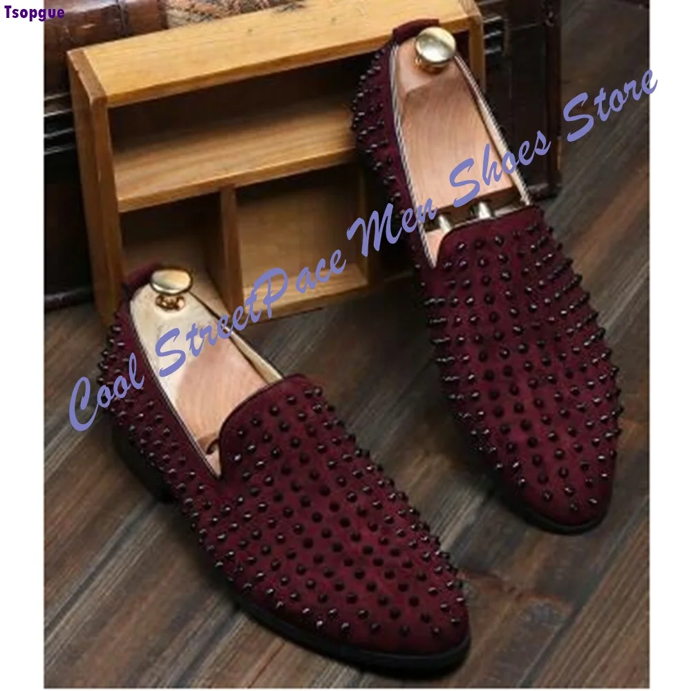 Spike Rhinestone Stud Loafers Men Royal Blue Suede Slip On Flat Low Heel Luxury Smoking Slippers Wedding Party Nightclub Vintage