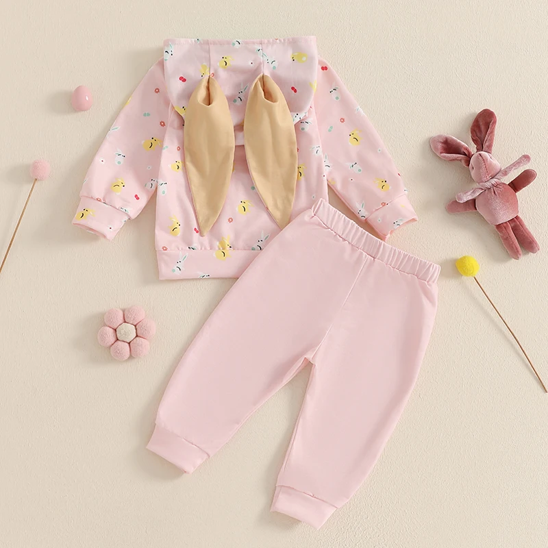 Baby Girls Pants Set Cute Rabbit/Eggs Print Round Neck Long Sleeve Hooded Sweatshirt Tops with Pants Easter Clothes Streetwear