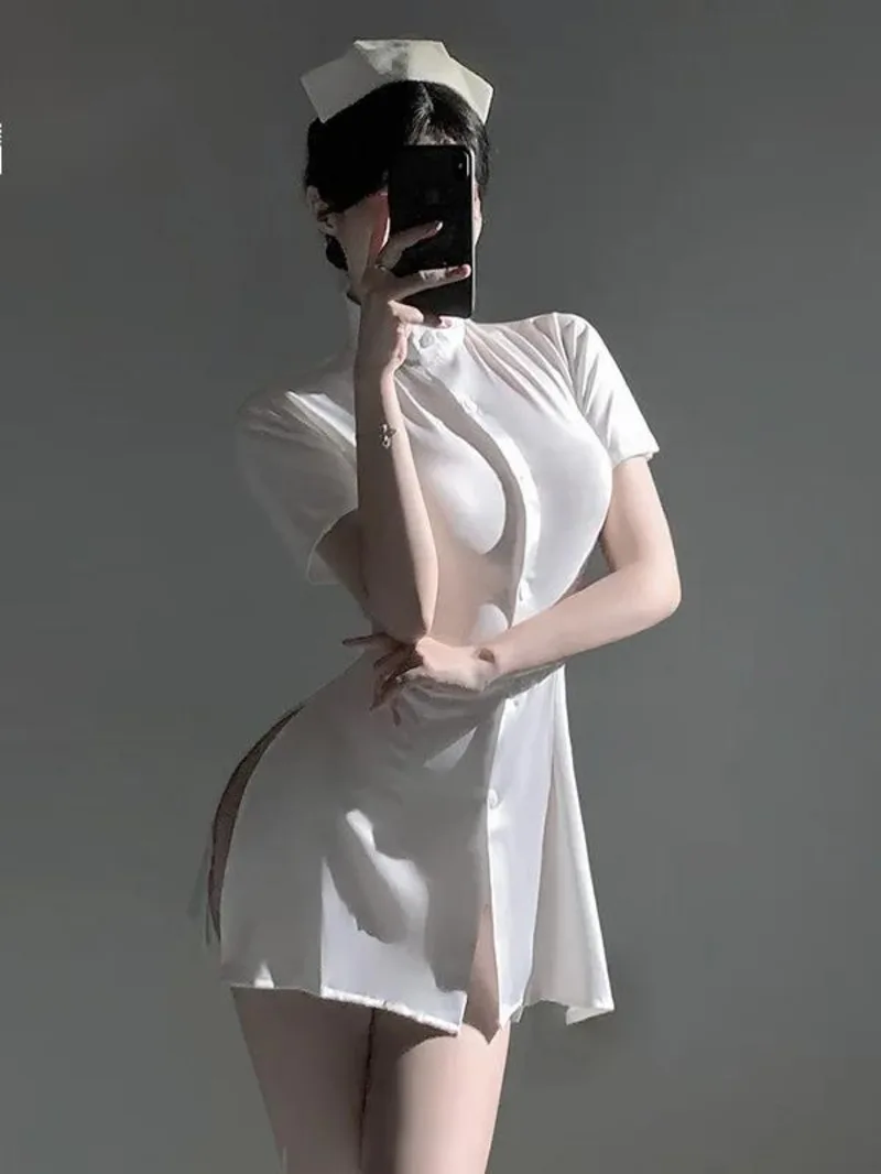 

Exotic SM Cosplay Nurse Strap Waist Exposed Cosplay Uniform Sexy Sexy Pure Desire Dress Elegant White Shrits Mini Dress 5T03
