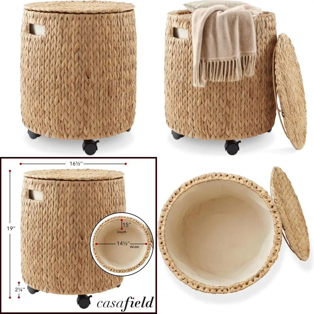 

Natural Woven Water Hyacinth Rolling Storage Basket with Lid for Living Spaces