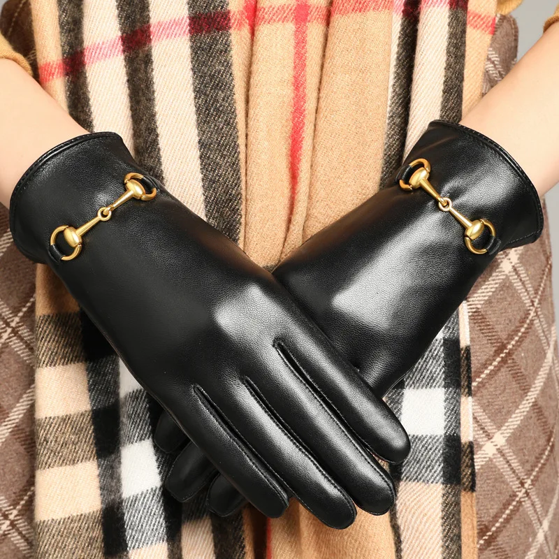 

2024 Women's Winter Warm 100% Genuine Leather Luxury Brand Gloves Thick Touch Screen Riding Fashion Top Sheepskin Gloves