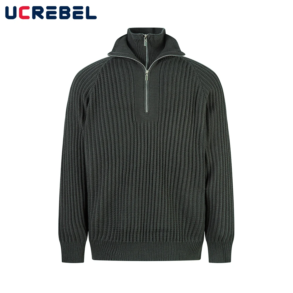 

Solid Color Double Collar Sweater Mens Autumn Winter High Street Long Sleeve Loose Knitted Pullover Man