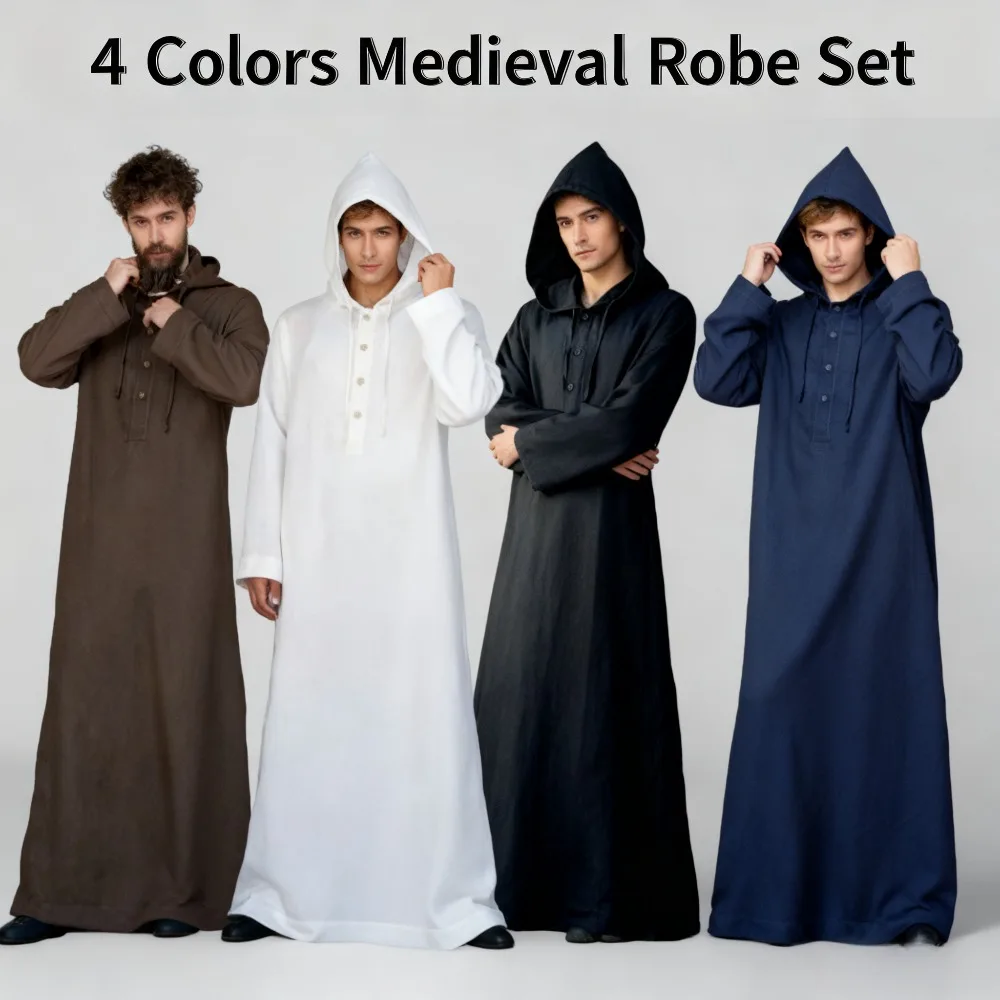 

Men's Muslim Thobe Robe Arabic Style Long Hooded Shirt Casual Cosplay Dress Up Outfit