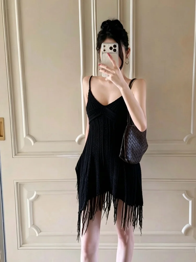 Irregular Fringe Hem Sleeveless V-Neck Versatile Strap Vest Chic Wrap Chest Vintage Top for Women Summer Casual Sexy Style