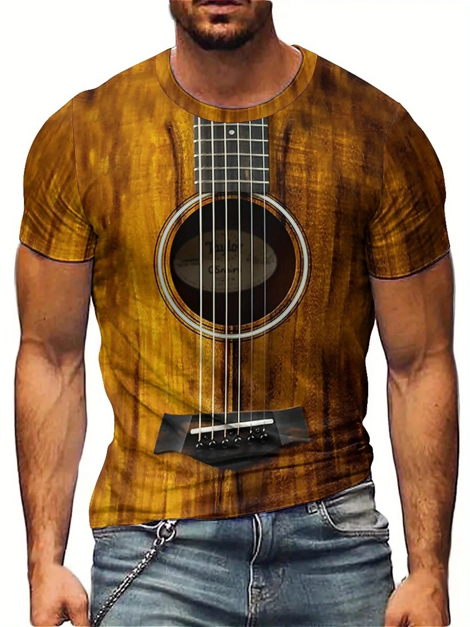 

3D Guitar Print T-Shirt - Short Sleeve, Crew Neck, Nature-Inspired Design with Moonlit Forest & Mountain Scene