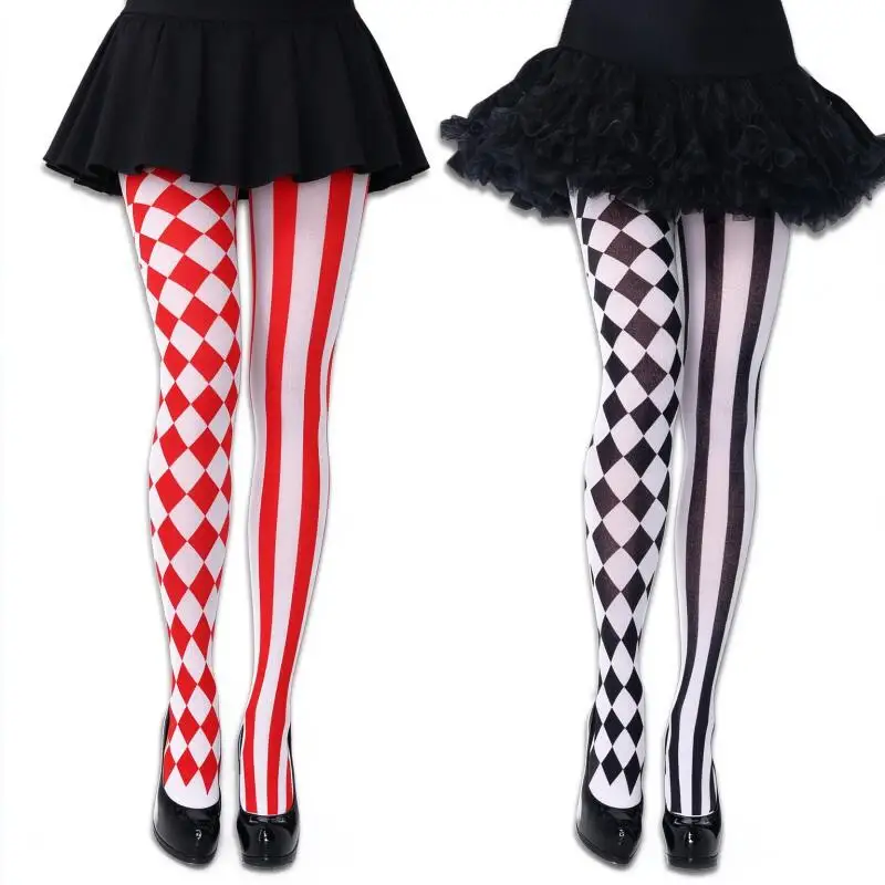 Asymmetric Tights Red Black White Diamond Striped Clown Cosplay Stockings Gothic Punk Lolita Leggings Halloween Accessories