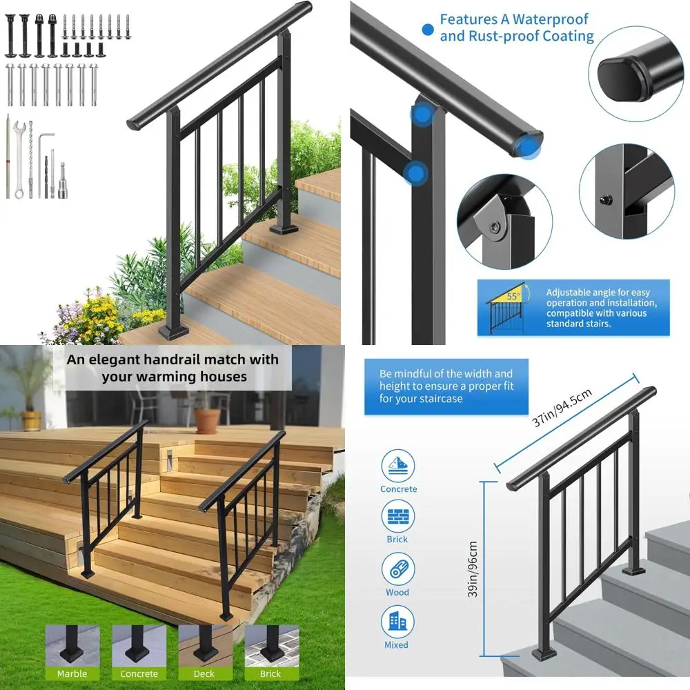 

Регулируемый комплект для уличных лестничных перил, 3-ступенчатая лестница 2-в-1 и горизонтальные поручни, 40x38 дюймов, черный кованый утюг для улучшения