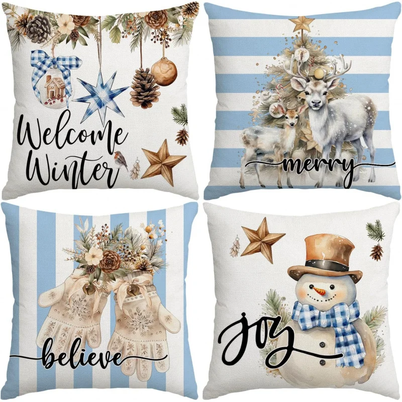 Christmas pillowcase 18x18 inches, set of 4 snowman gloves, winter blue and white striped pillow cover