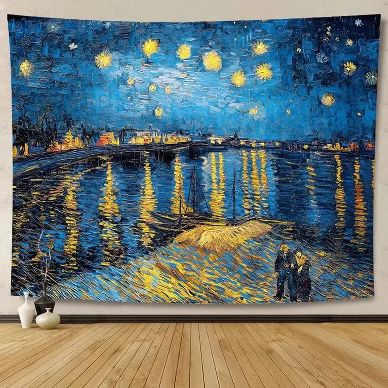 Van Gogh Starry Night Over The Rhone Tapestry Classic Oil Painting Wall Hanging Art Bedroom Decor Cloth