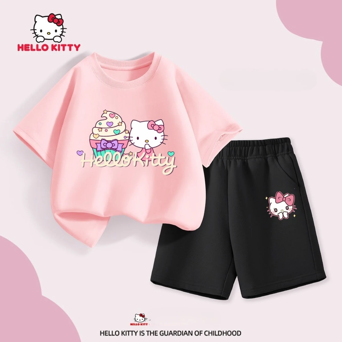 

Sanrio, летний комплект одежды из 100% хлопка для маленьких девочек, милые футболки с короткими рукавами и принтом «Hello Kitty», топ и шорты, костюм