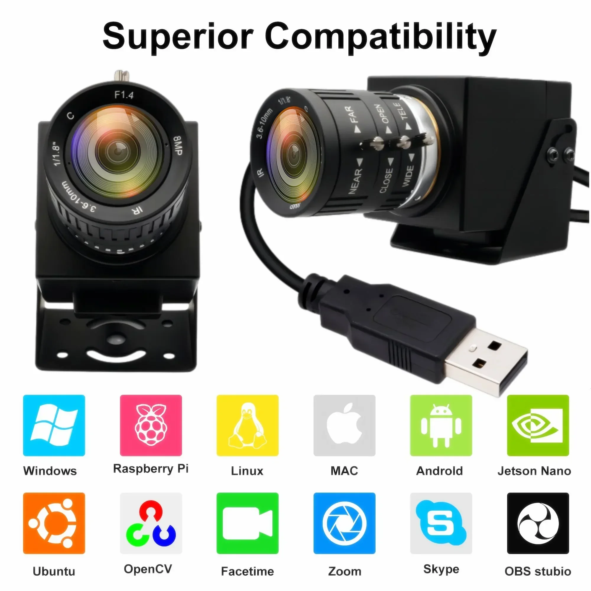 

2025 ELP Camera USB 48MP IMX586 8K Webcam Industrial Camera with 3.6-10mm Varifocal Zoom Lens