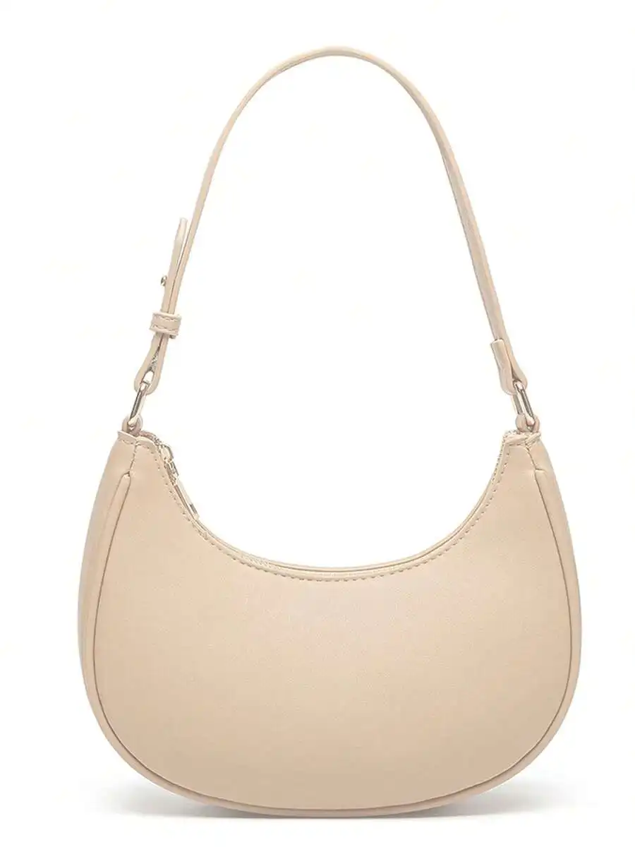 

Beige Crescent-Shaped Shoulder Bag with Zipper Closure and Adjustable Strap