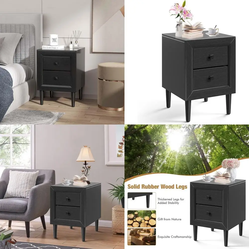 

Solid Wood Vintage Nightstand with Drawers, Mid Century Style Small Side Table for Bedroom, Living Room, or Dorm in Black