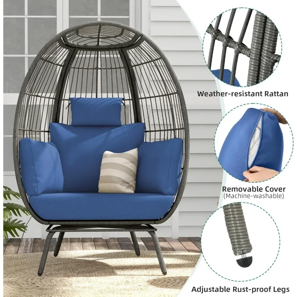 Chair Outdoor, 370lbs Capacity Wicker Patio Basket Chair, All-Weather Oversized Stationary Egg Lounger Chair For Indoor Living|