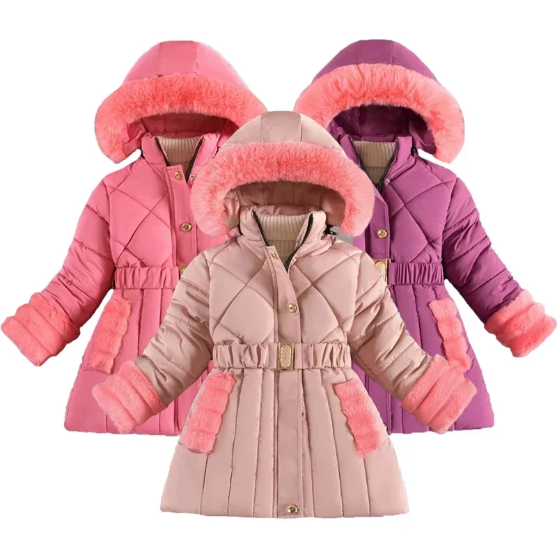 

2023 Winter Teenagers Girls Jacket Mid-Length Lining Plus Velvet Thicken Cold Protection Big Fur Collar Hooded Outerwear