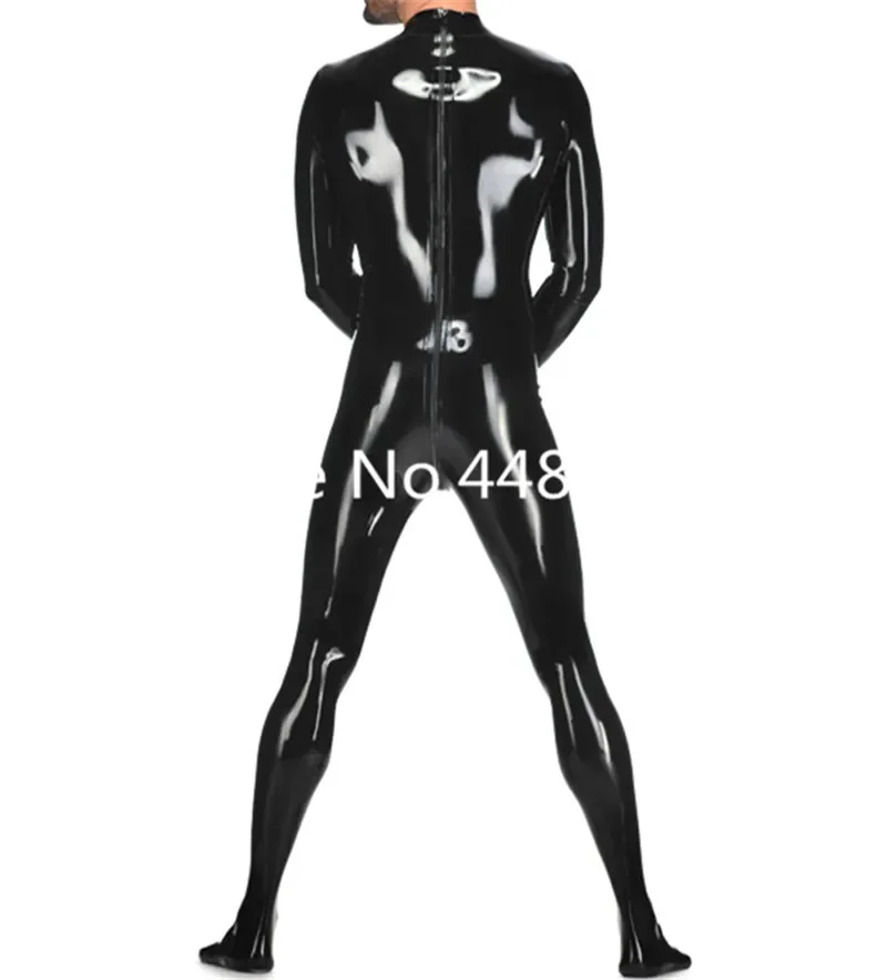 Latex Catsuit with Socks Male's Latex Rubber Bodysuit with 2 Ways Back Zipper Black Color