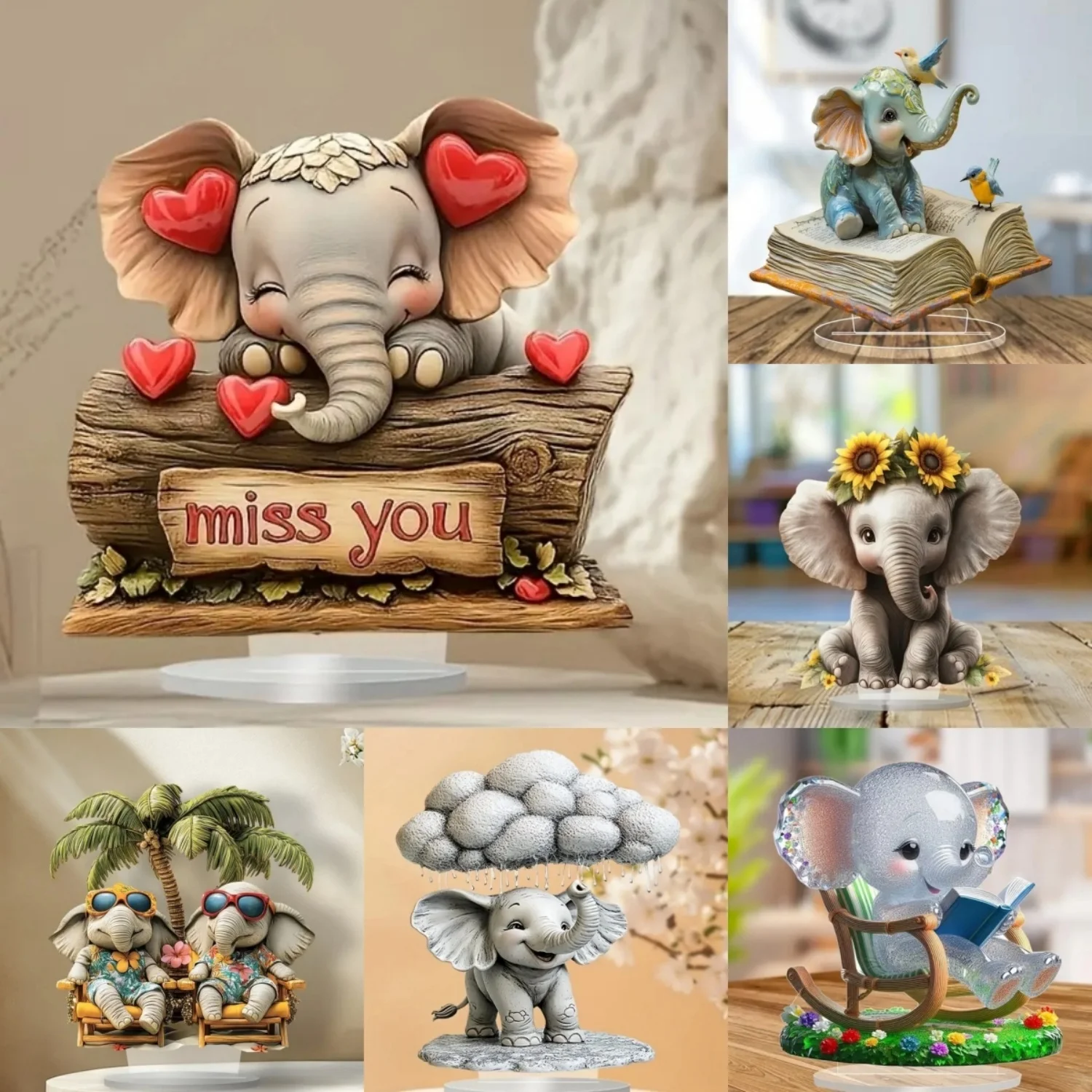Lovely Elephant Miss You Statue,2D Flat Acrylic Figurine,Home,Office,Cafe,room,Studio,display Case,Table Ornament Desktop Decor