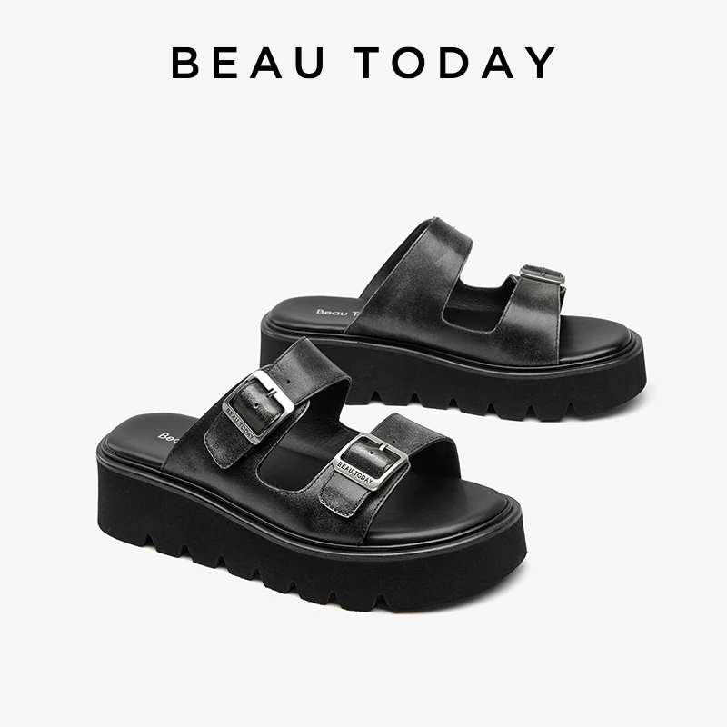 

BEAUTODAY Platform Sandals Women Polished Cow Leather Solid Color Thick Sole Metal Strap Summer Ladies Shoes Handmade 38526