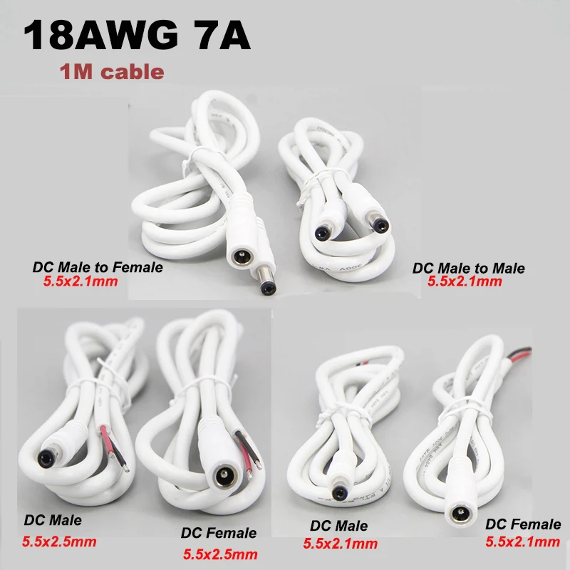 white 1m 18awg 7A DC Male Female Power Supply Connector extension Cable 5.5x2.1mm 5.5x2.5mm Copper Wire For LED Strip light